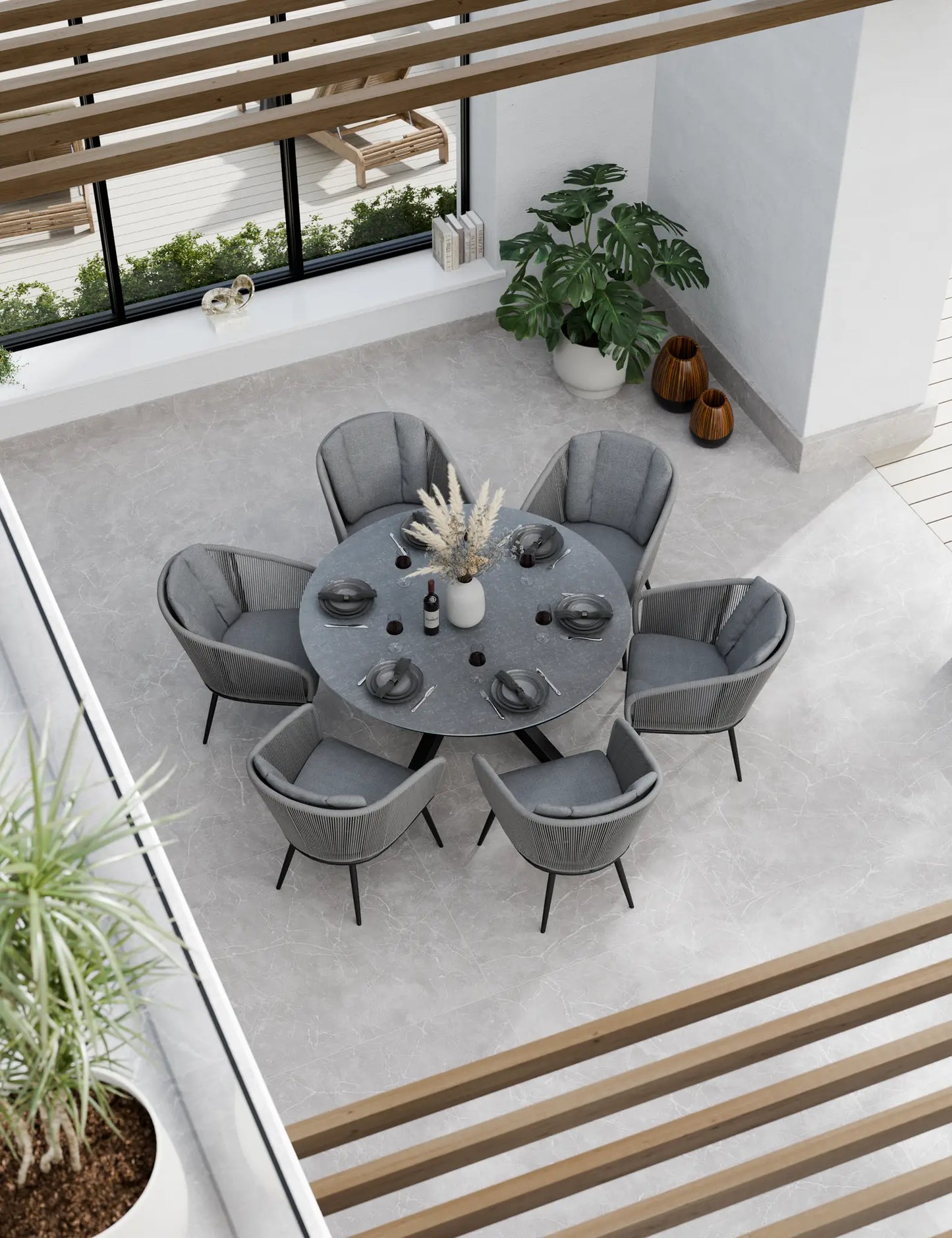 Aspen 6 Seater Round Ceramic Glass Dining Set with Aspen Rope Chairs