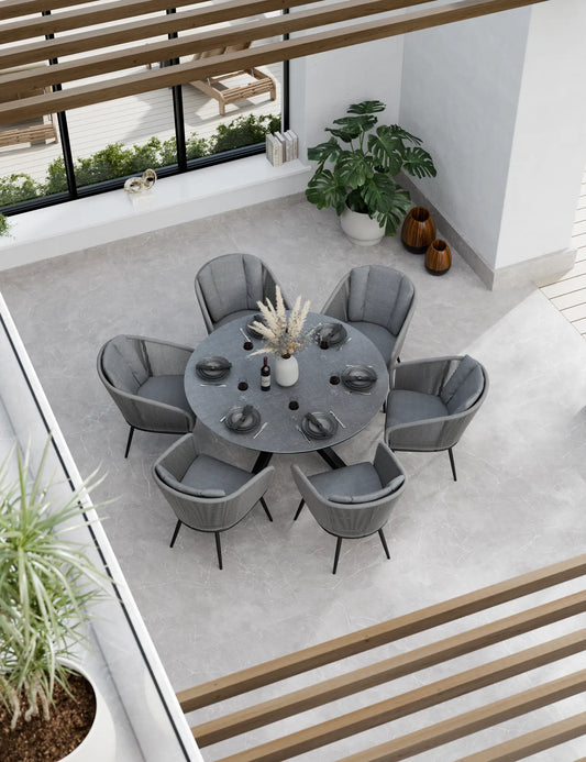 Aspen 6 Seater Round Ceramic Glass Dining Set with Aspen Rope Chairs