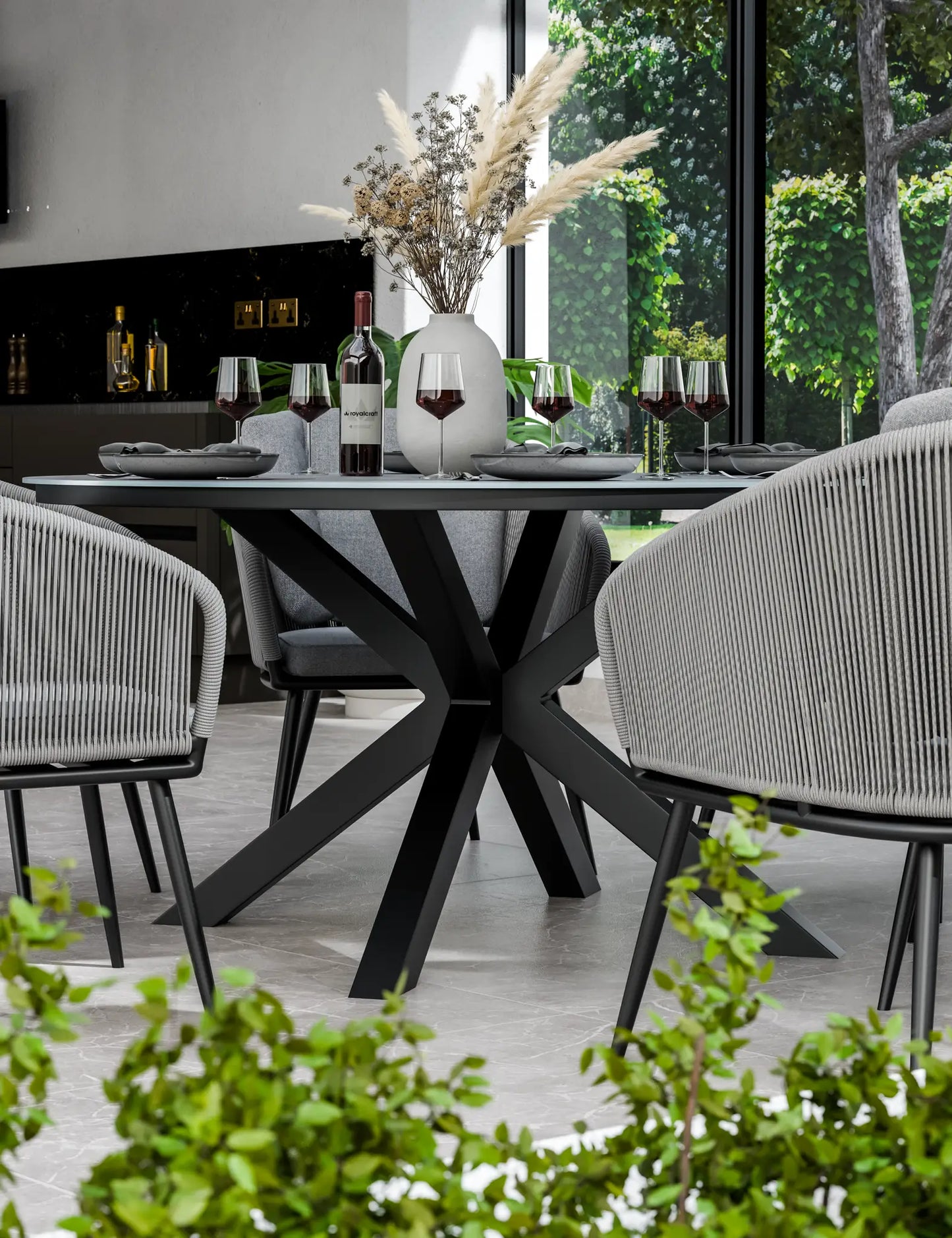 Aspen 6 Seater Round Ceramic Glass Dining Set with Aspen Rope Chairs