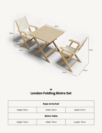 London 2 Seater Square Folding Bistro Set with London Rope Folding Armchairs
