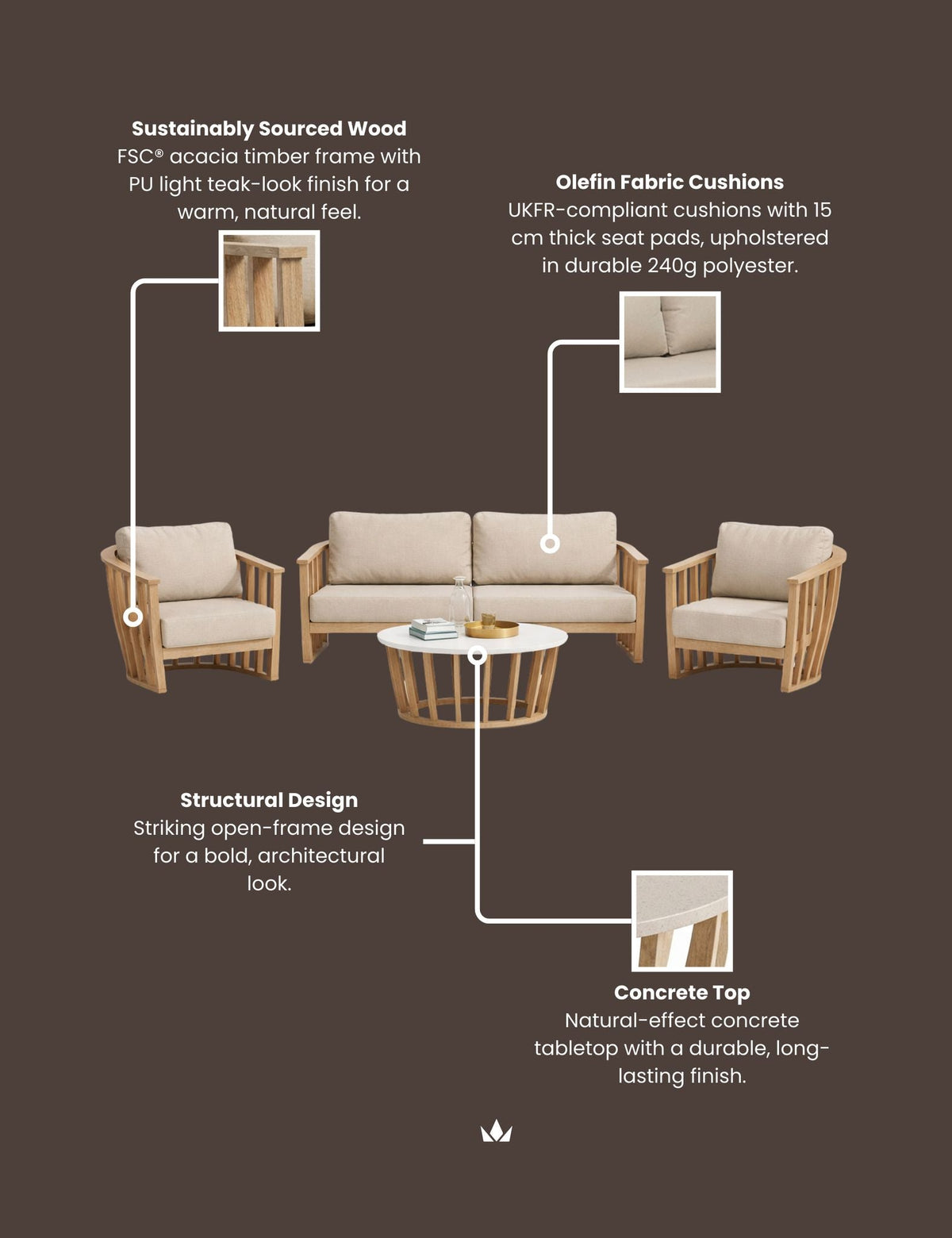 LUCCA 5-Seater Wood Lounging Set with Coffee Table