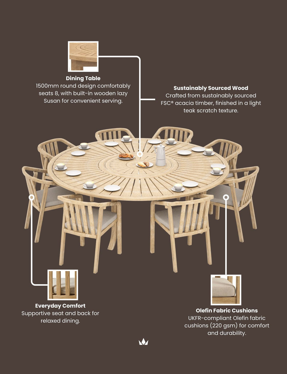 MARIS 8-Seater Round Dining Set with Wooden Lazy Susan