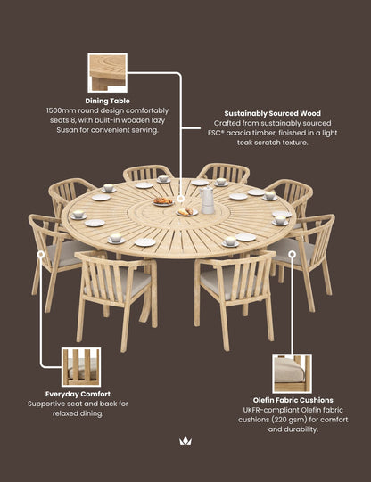 MARIS 8-Seater Round Dining Set with Wooden Lazy Susan