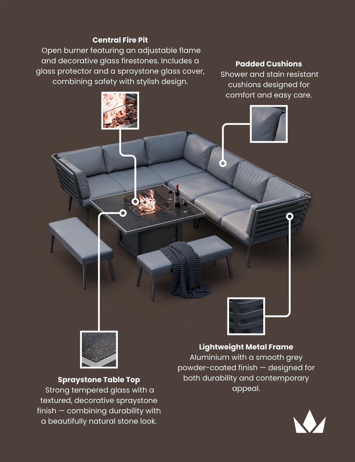 Mayfair Corner Lounging Set with Fire Pit Table and 2 Benches