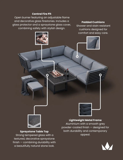 Mayfair Corner Lounging Set with Fire Pit Table and 1 Bench