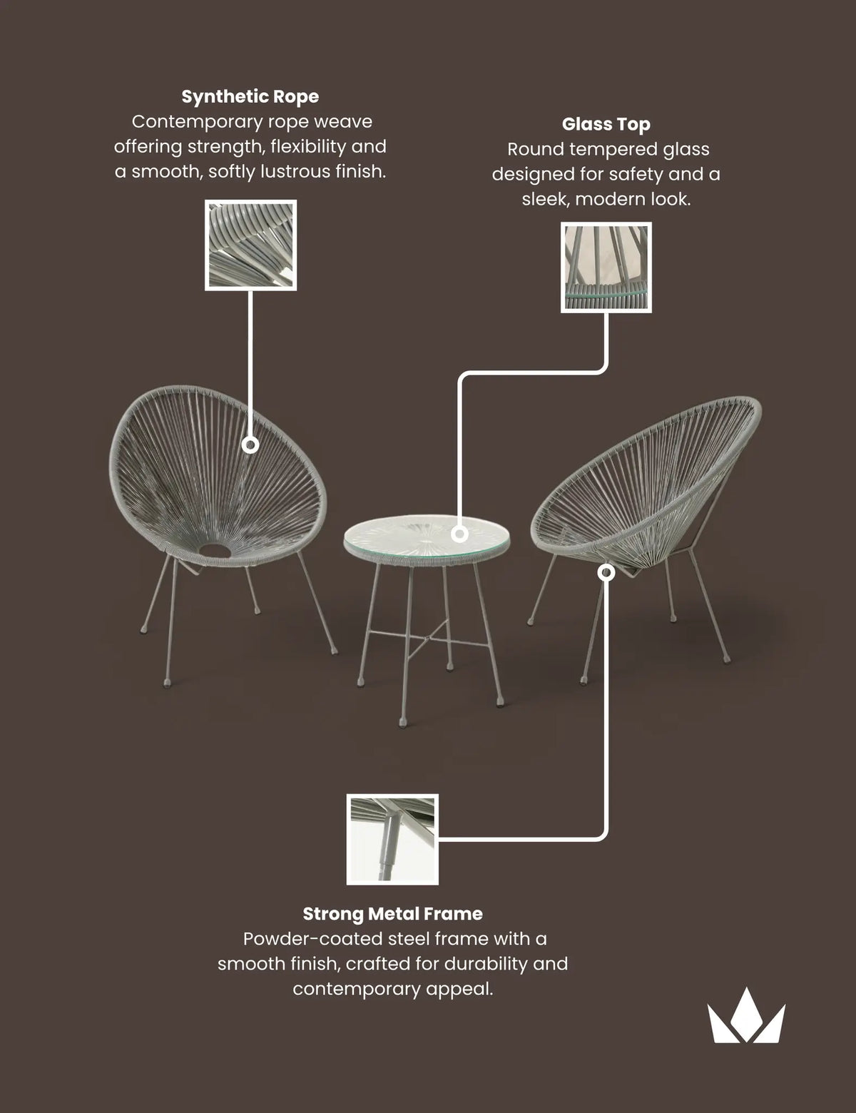 Monaco 2 Seater Egg Chair Bistro Set - Grey