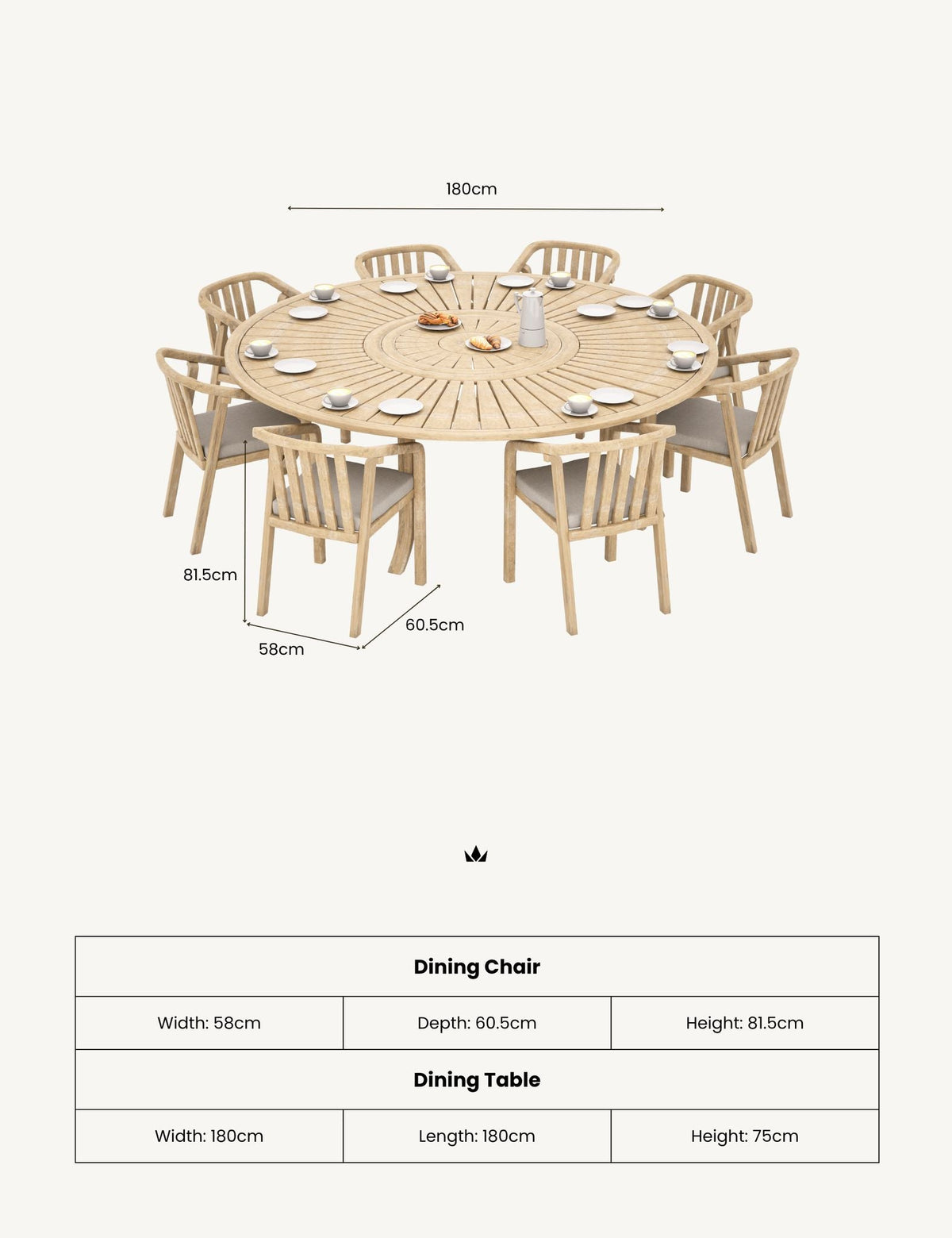 MARIS 8-Seater Round Dining Set with Wooden Lazy Susan