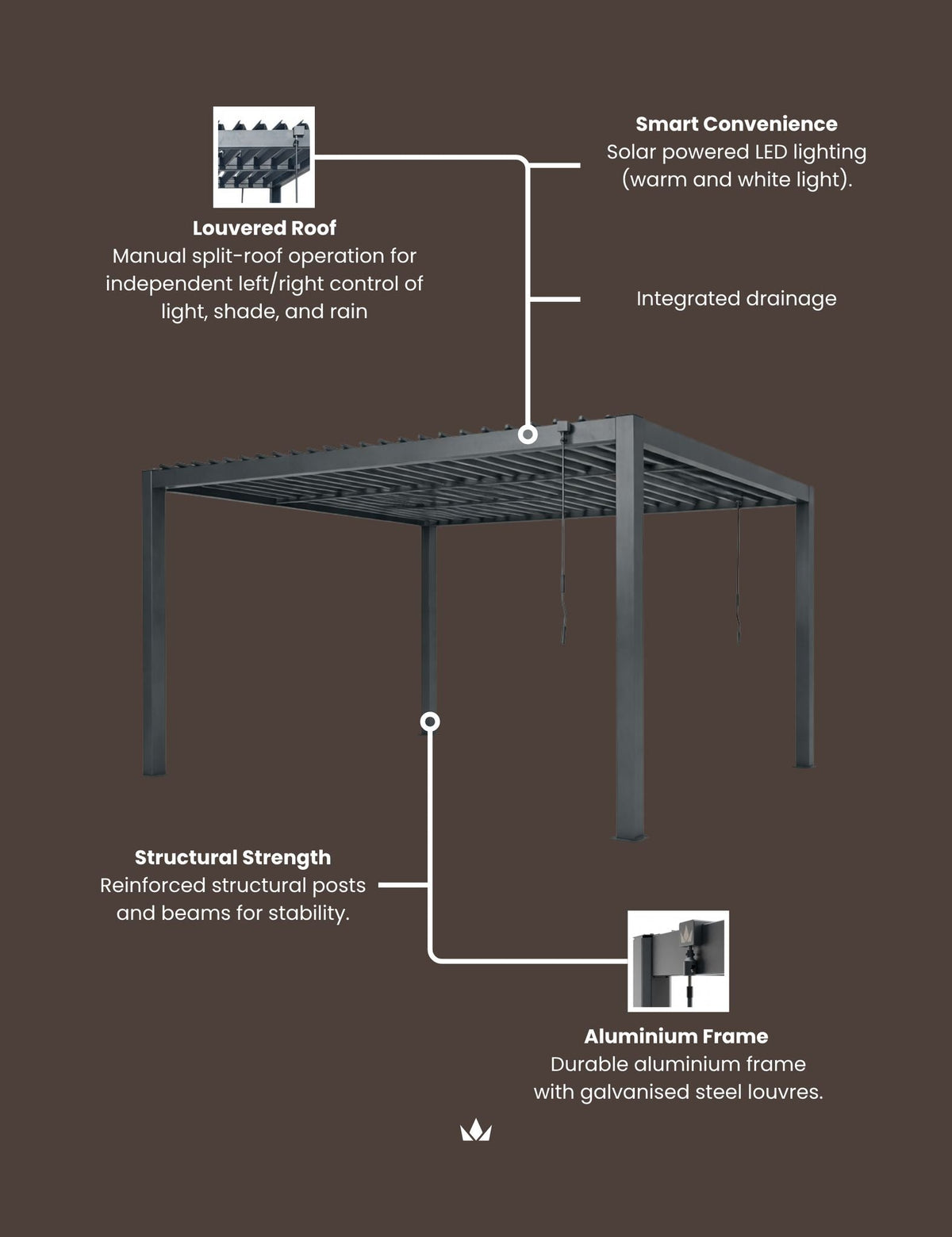 PURE 3x3m Pergola with Manual Louvered Roof and solar powered lighting