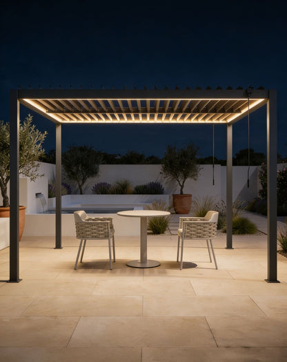 PURE 3x3m Pergola with Manual Louvered Roof and solar powered lighting