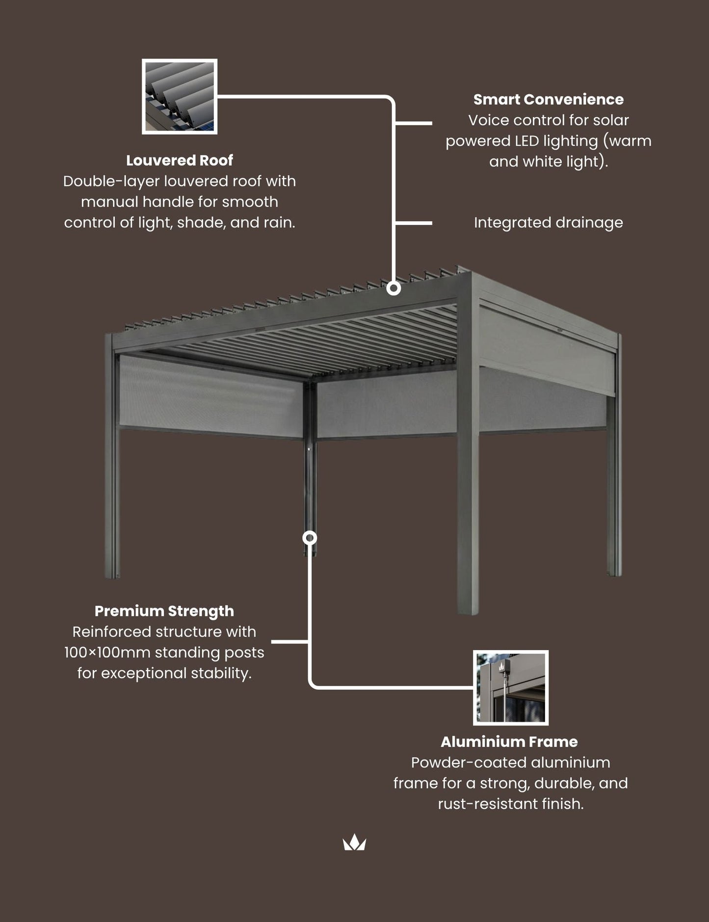 Luxe 3x3m Pergola with Solar Lighting System and Voice Control