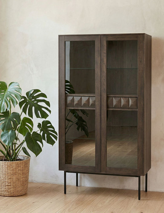 ROKA Dark Wood Geometric 2-Door Glass Cabinet
