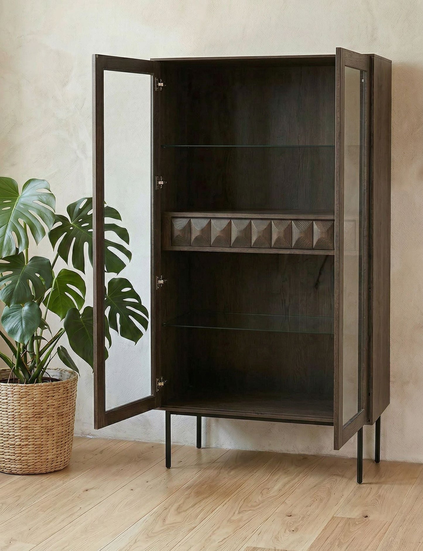 ROKA Dark Wood Geometric 2-Door Glass Cabinet