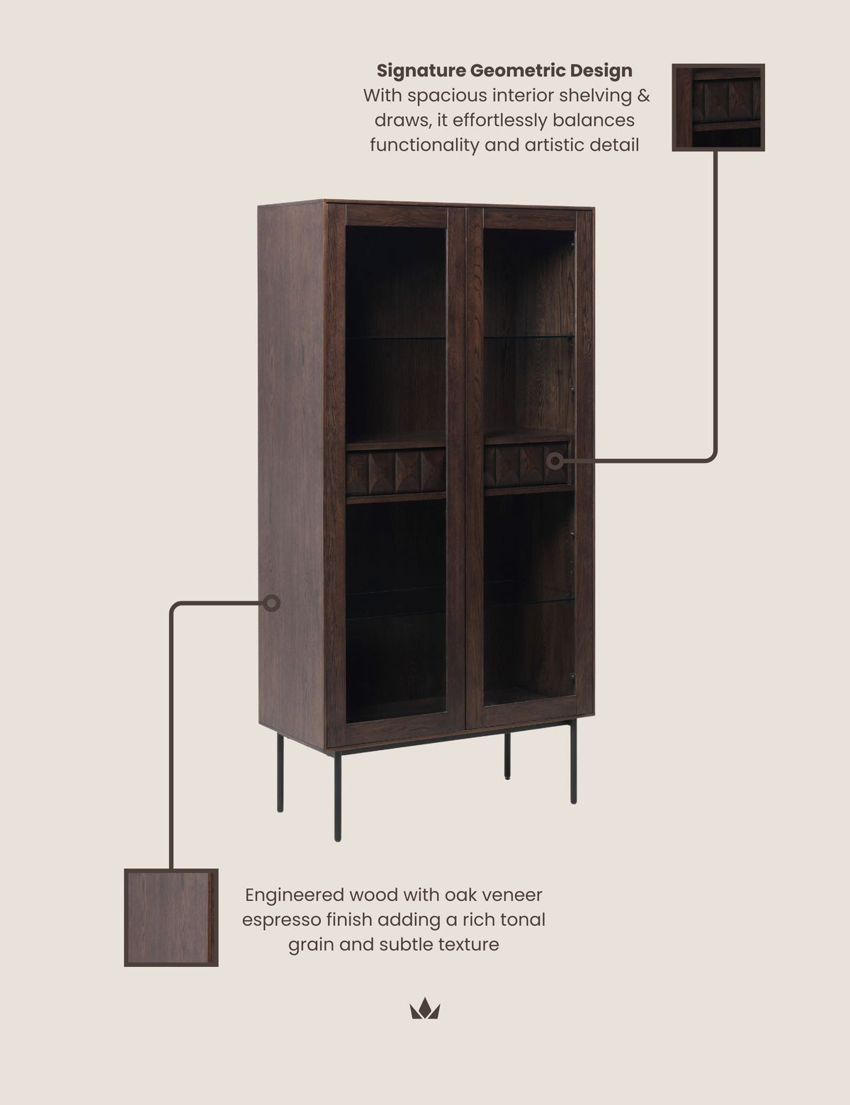 ROKA Dark Wood Geometric 2-Door Glass Cabinet