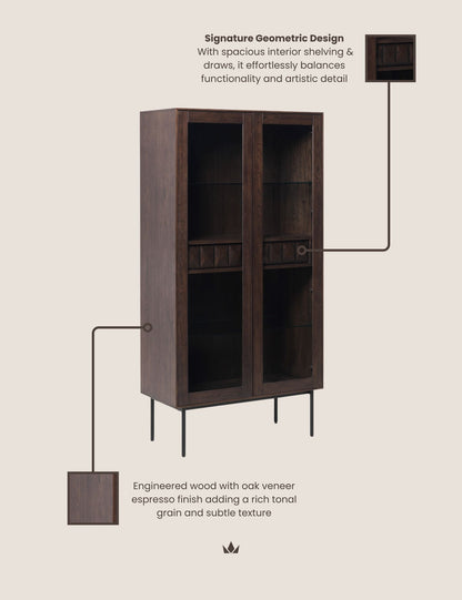 ROKA Dark Wood Geometric 2-Door Glass Cabinet