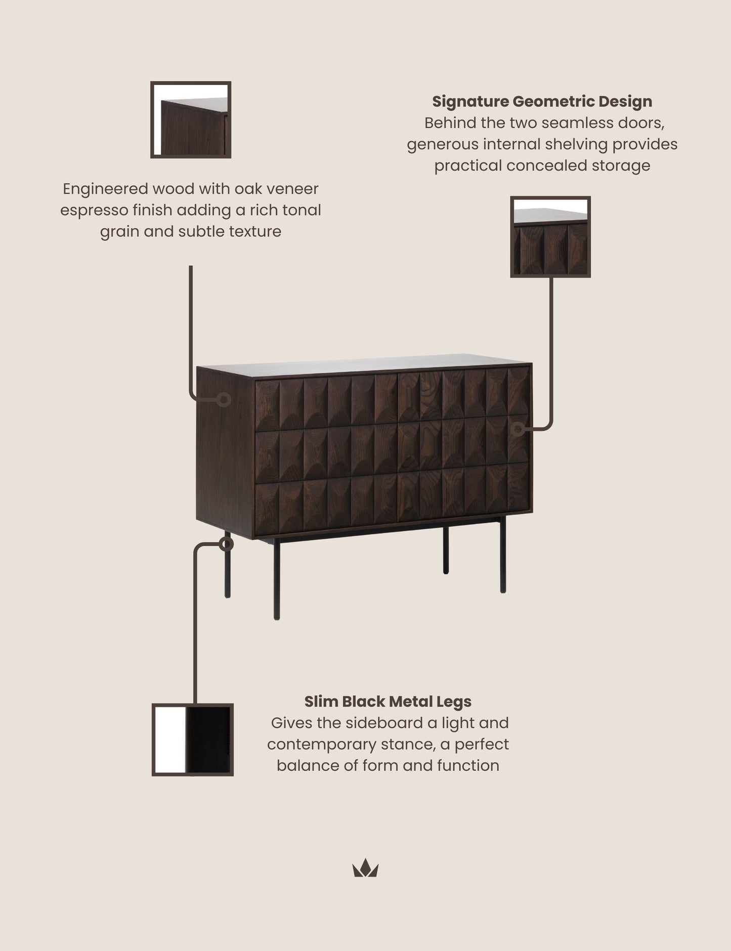 ROKA Dark Wood Geometric 2-Door Sideboard