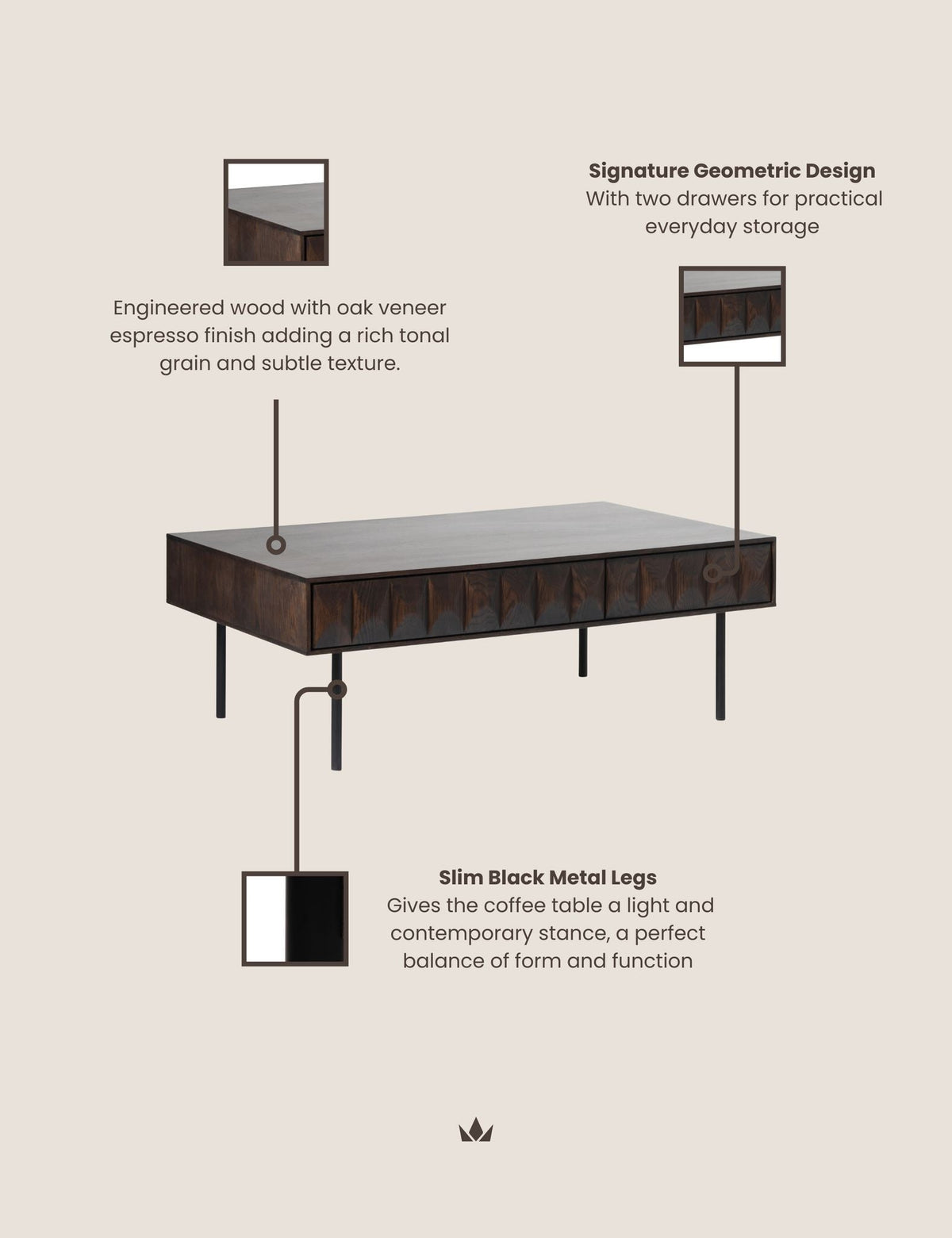 ROKA Dark Wood Geometric Coffee Table