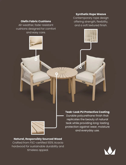 Roma 2 Seater Round Sunray Bistro Set with Roma Dining Chairs