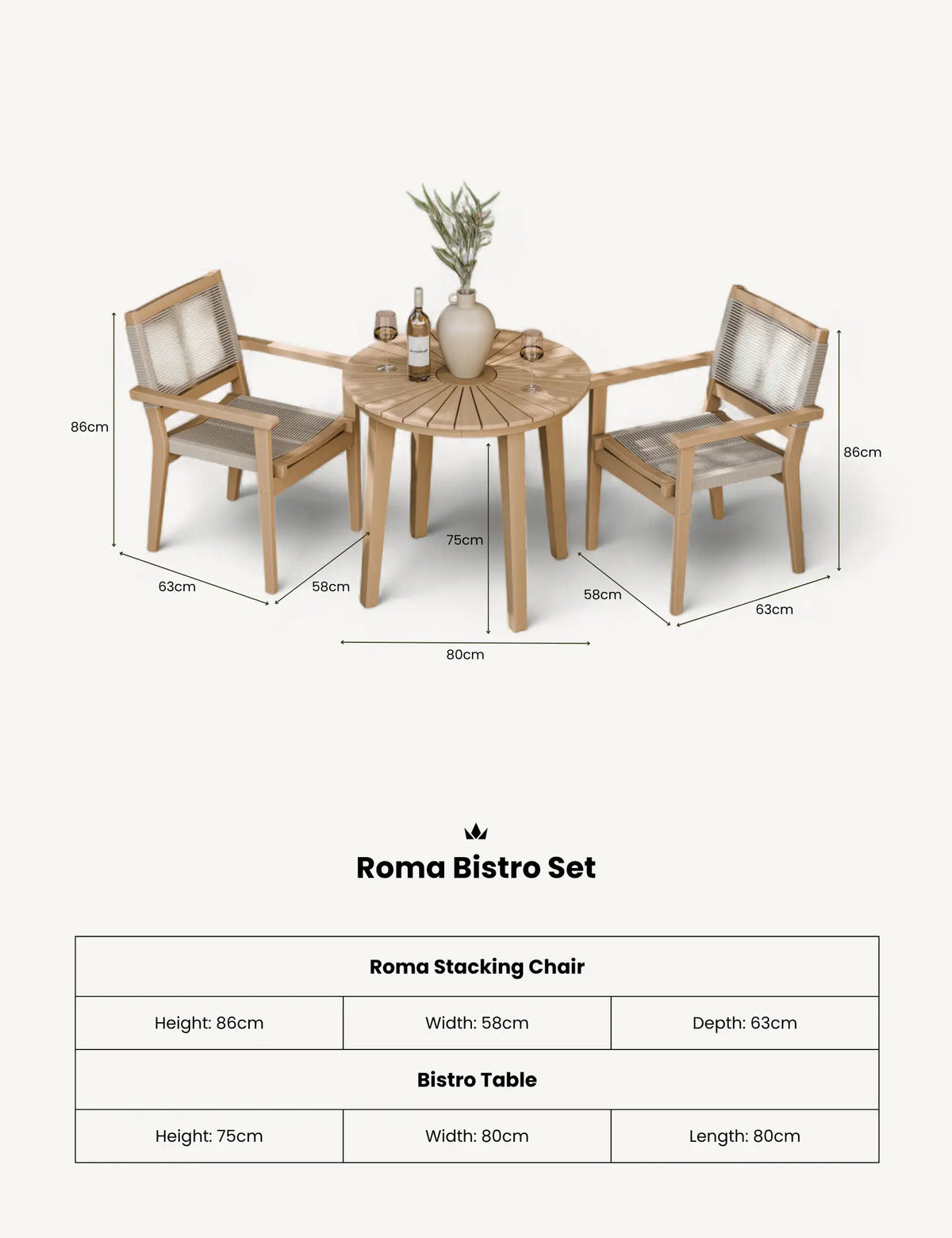 Roma 80cm Round Sunray Bistro Set with Roma Rope Stacking Chairs