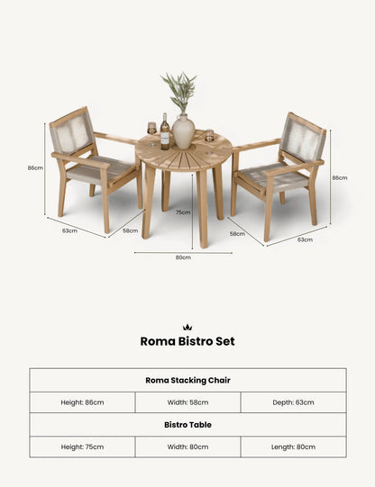 Roma 80cm Round Sunray Bistro Set with Roma Rope Stacking Chairs