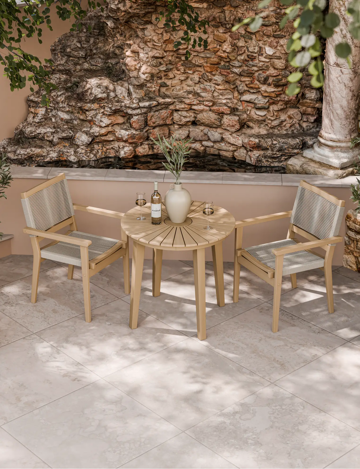 Roma 80cm Round Sunray Bistro Set with Roma Rope Stacking Chairs
